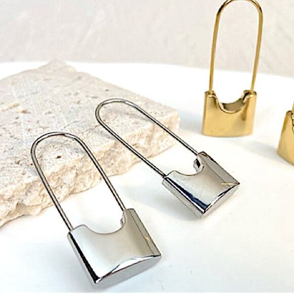 Silver Lock Safety Pin Earrings, Minimalist, Dainty, Gift For Teenager - Picture 2 of 9